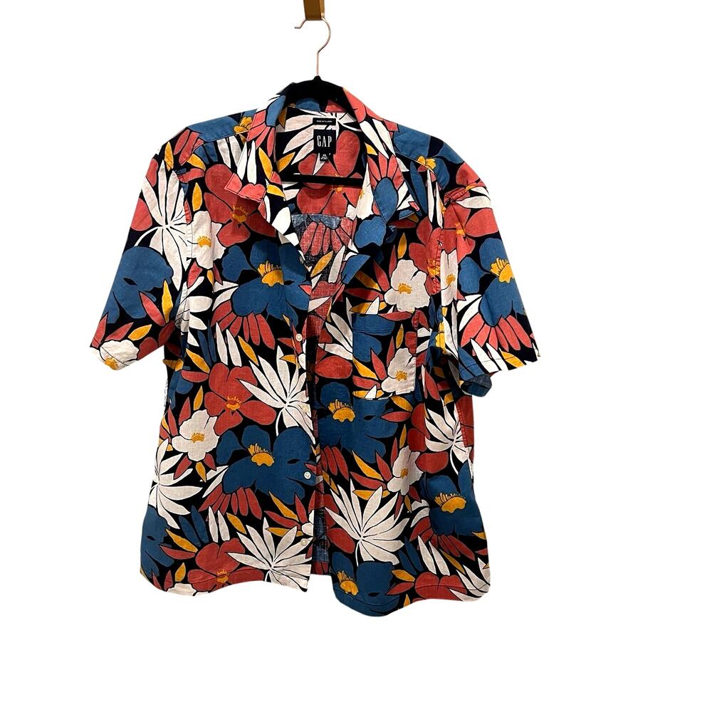 GAP XL Linen Blend Button Up Shirt Short Sleeve Hawaiian Style Beach Vacation